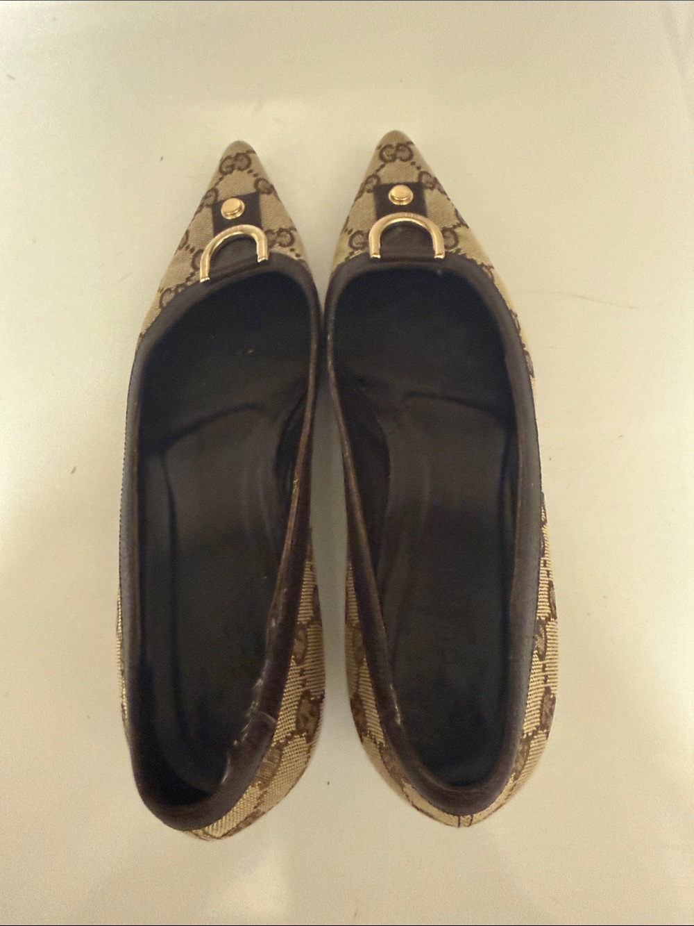 Gucci Monogram Pointed Toe Flats with Gold Buckle with Kitten Heels size 6.5. - Picture 12 of 12